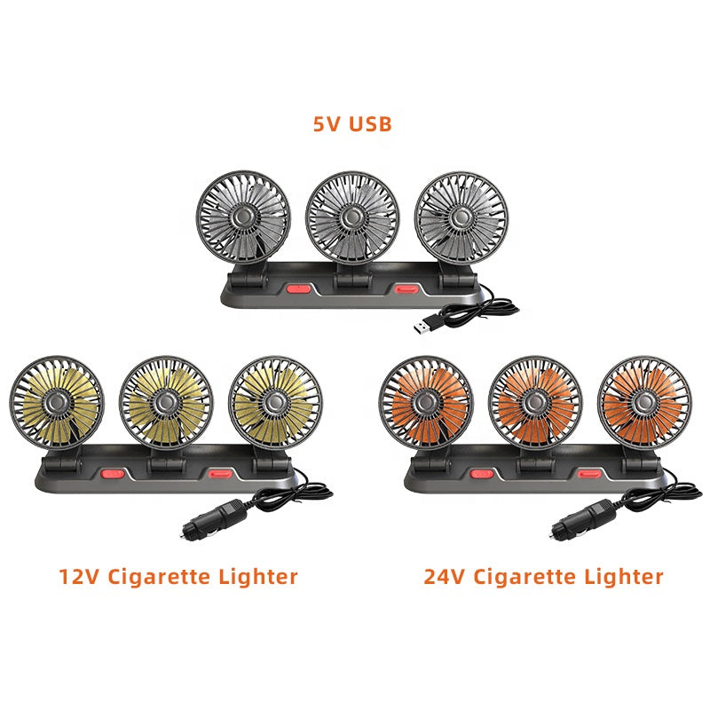 Triple-Head USB Car Fan (12V/24V/5V)