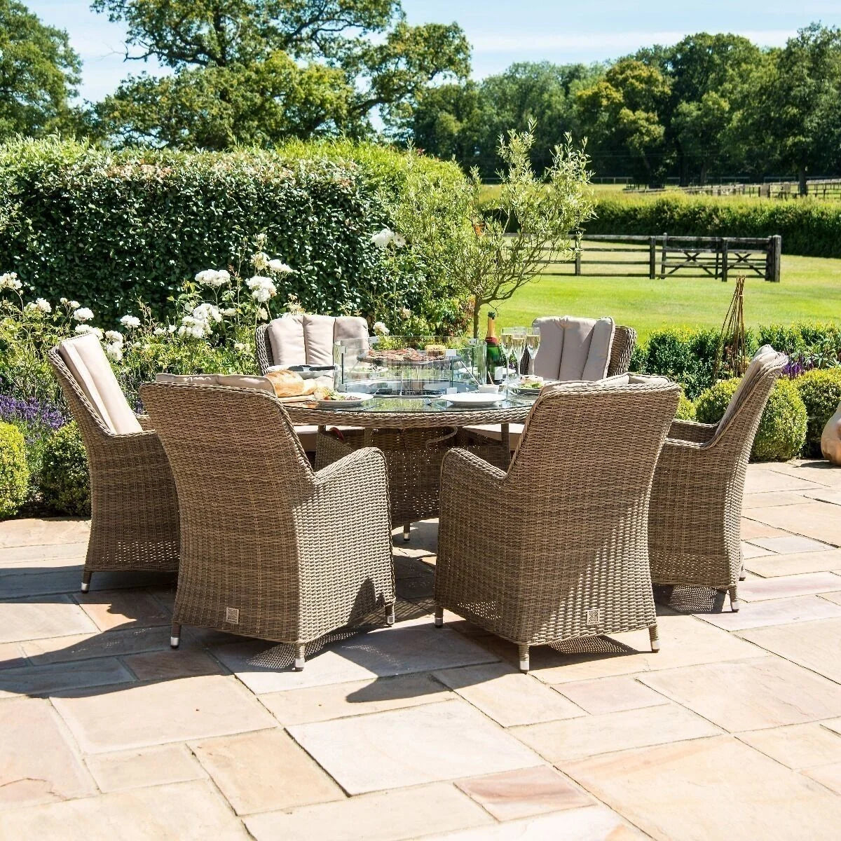 Winchester Venice 6 Seat Round Rattan Fire Pit Dining Set with Lazy Susan