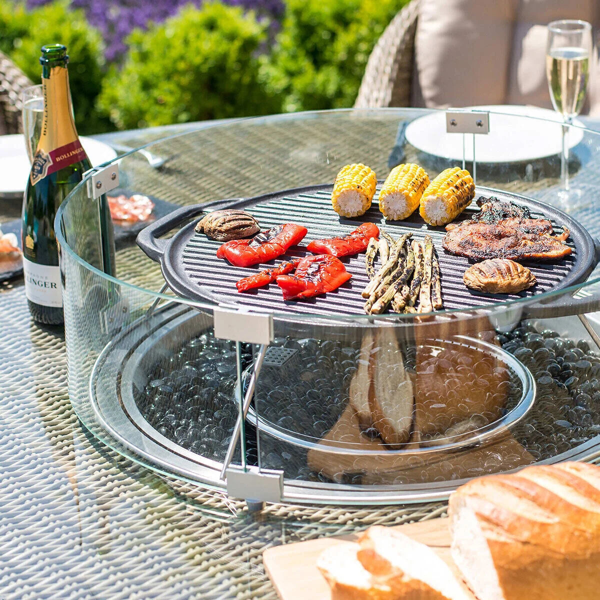 Winchester Venice 6 Seat Round Rattan Fire Pit Dining Set with Lazy Susan